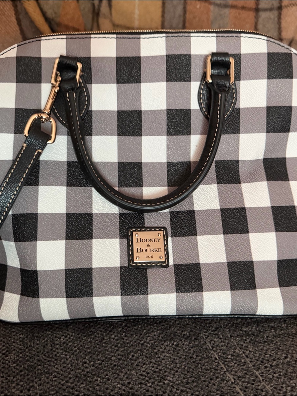Dooney & Bourke Black and White Gingham Dome Satchel with Gold Hardware